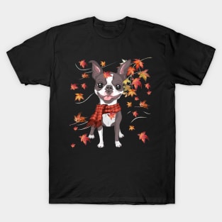 Maple Dog Leaf Fall Hello Autumn Funny Boston Terrier Lover T-Shirt